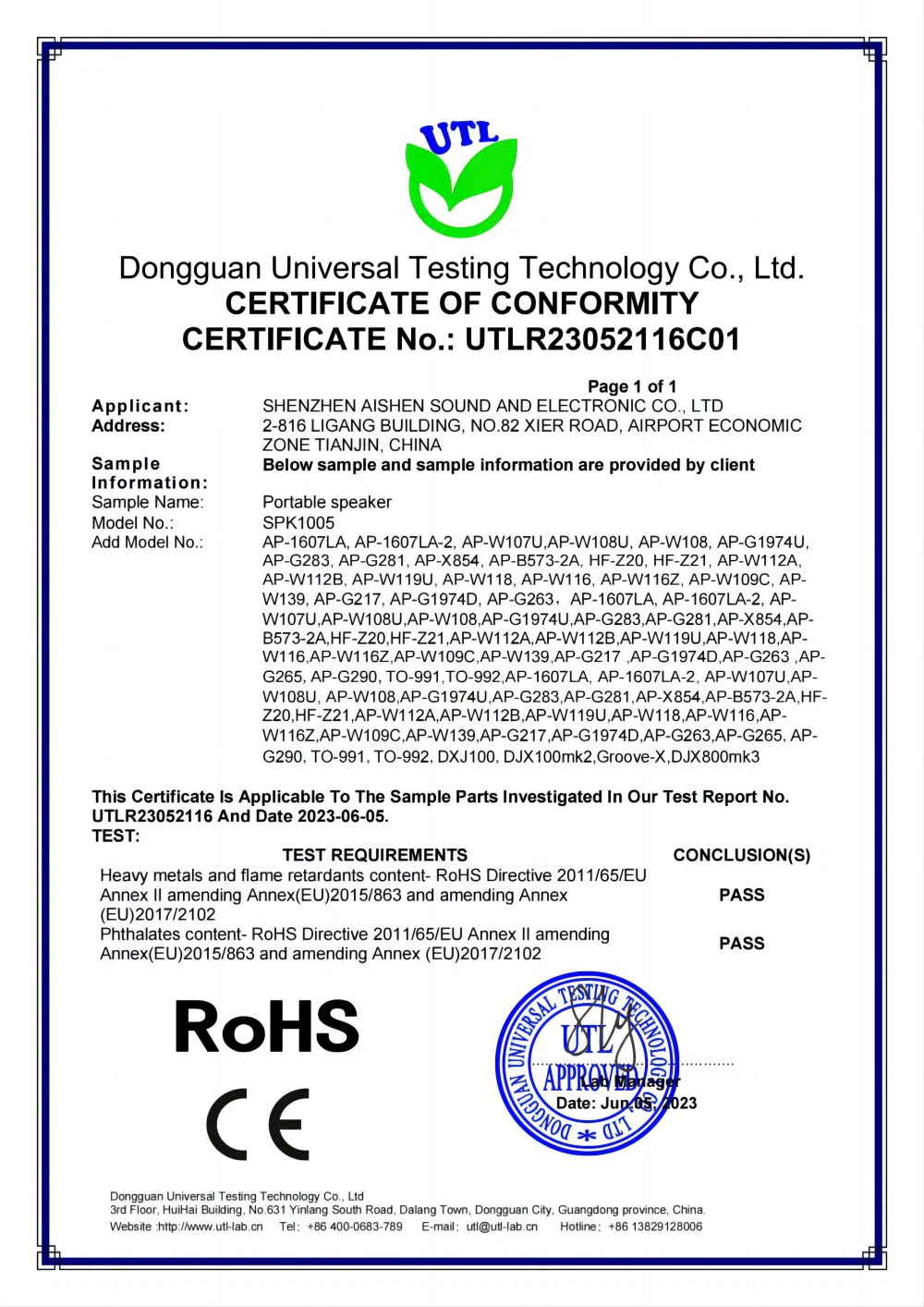 Certificate-UTLR23052116--SPK1005-ROHS20001 Certificate-UTLR23052116--SPK1005-ROHS20001